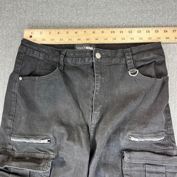 Black baggy wide leg cargo utility jeans Women 15/30X33 high rise hip-hop - Picture 5 of 11